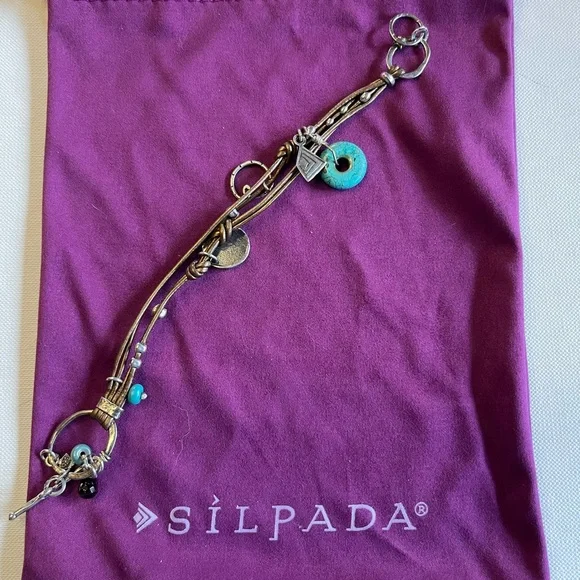 Silpada Bracelet with Turquoise and Silver Charms on Bronze Cords - Picture 3 of 4